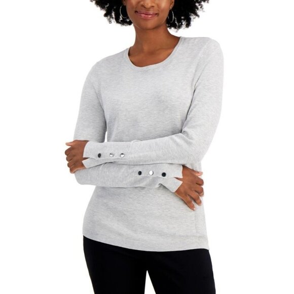 Alfani Womens Petite Size MP Medium Rivet-Detail Pullover Sweater Light Gray 089 - Picture 1 of 8